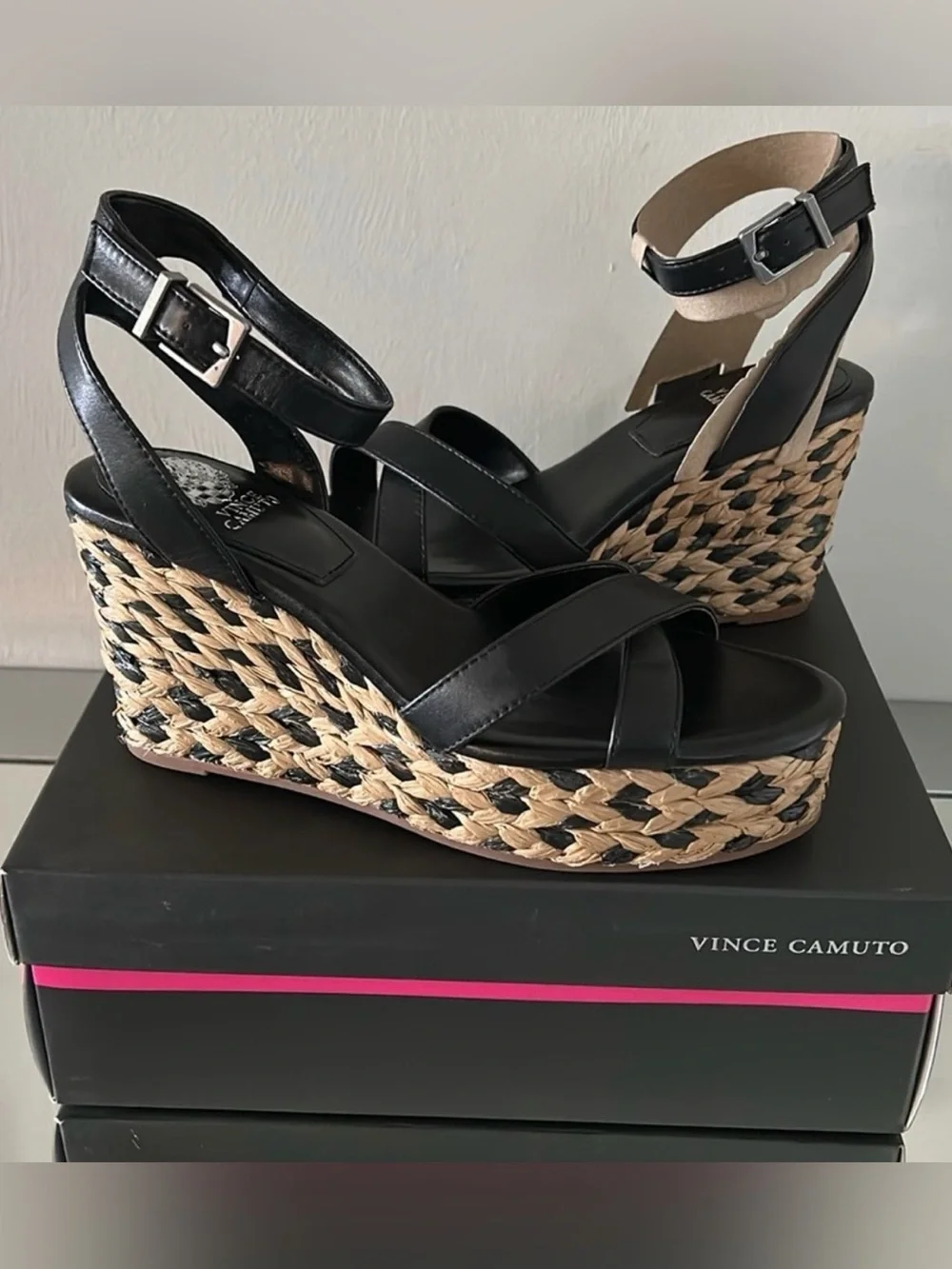 🆕 VINCE CAMUTO Fettana Black Espadrille Platform Wedge Sandals Women’s 9.5 NWT